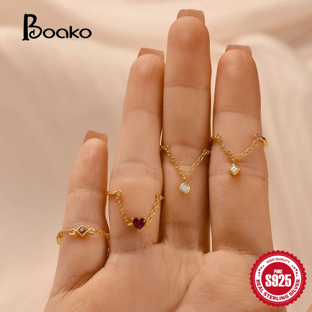 BOAKO 925 Sterling Silver Summer Beach Pearl Finger Rings For Women Girl Luxury Zircon Adjustable Couple Chain Ring Anillos