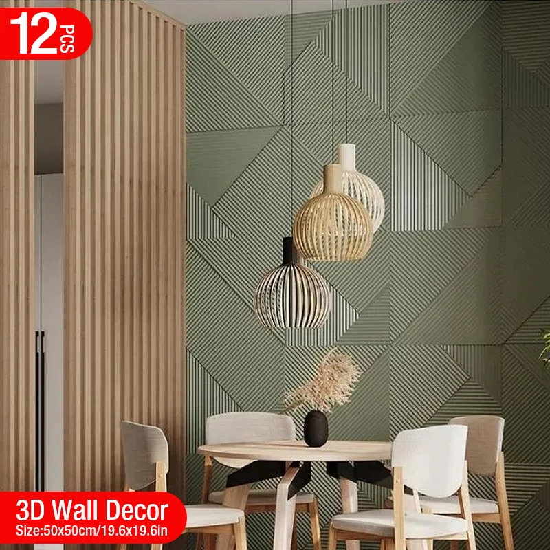 

12pcs 50cm 3D wall decor Wood grain slatted wall panel 3D groove texture panel tile living room wall sticker waterproof bathroom