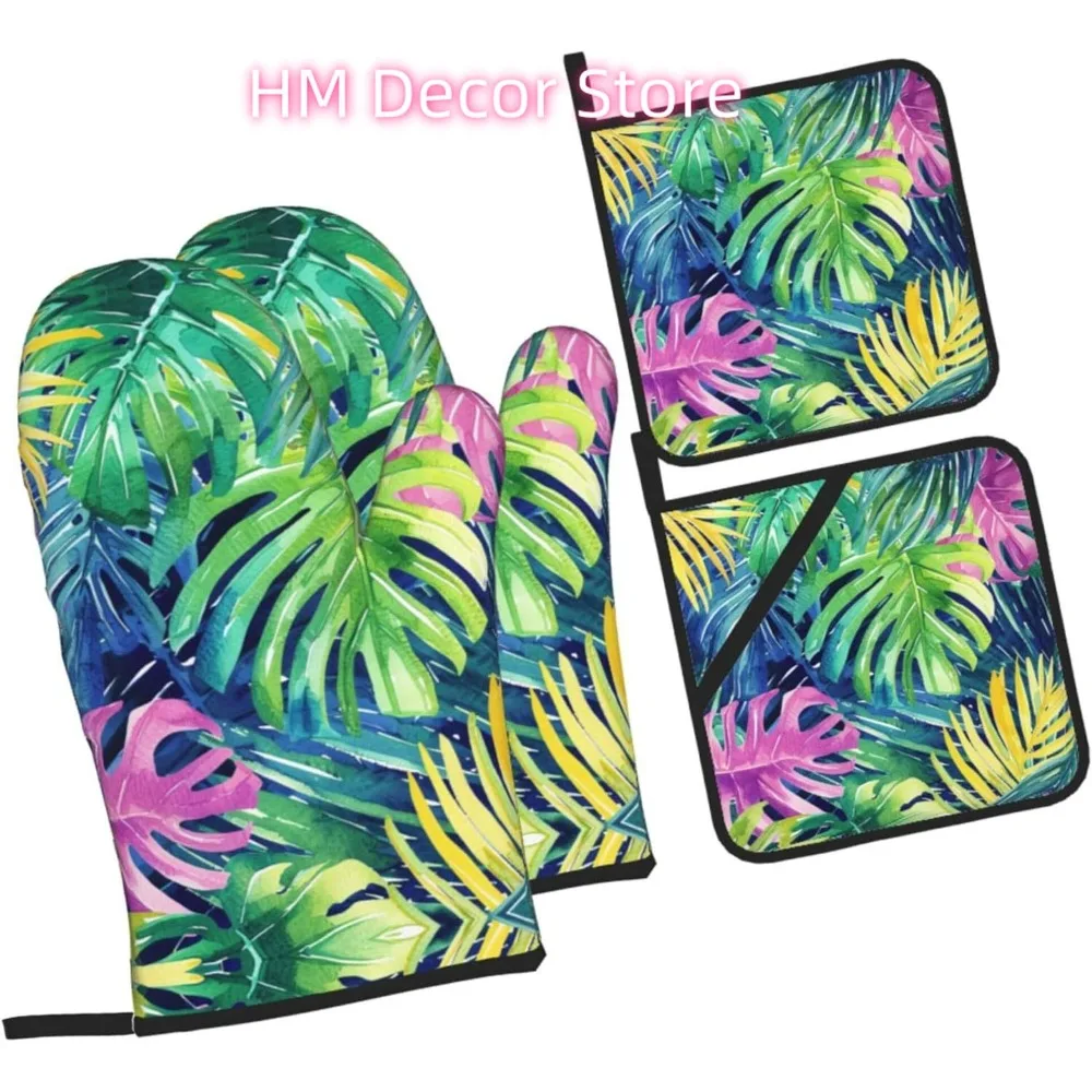 

Наборы из 4 рукавиц для духовки с пальмовыми листьями в стиле хиппи и подставок для кастрюль, милые термостойкие прихватки для духовки - нескользящие кухонные перчатки для кухни Ba