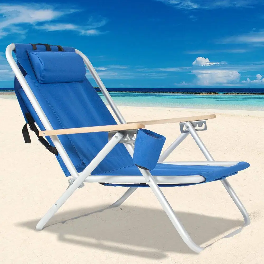 Chaise de plage pliante portable avec porte-gobelet, chaise de construction solide, bleu, sac à dos