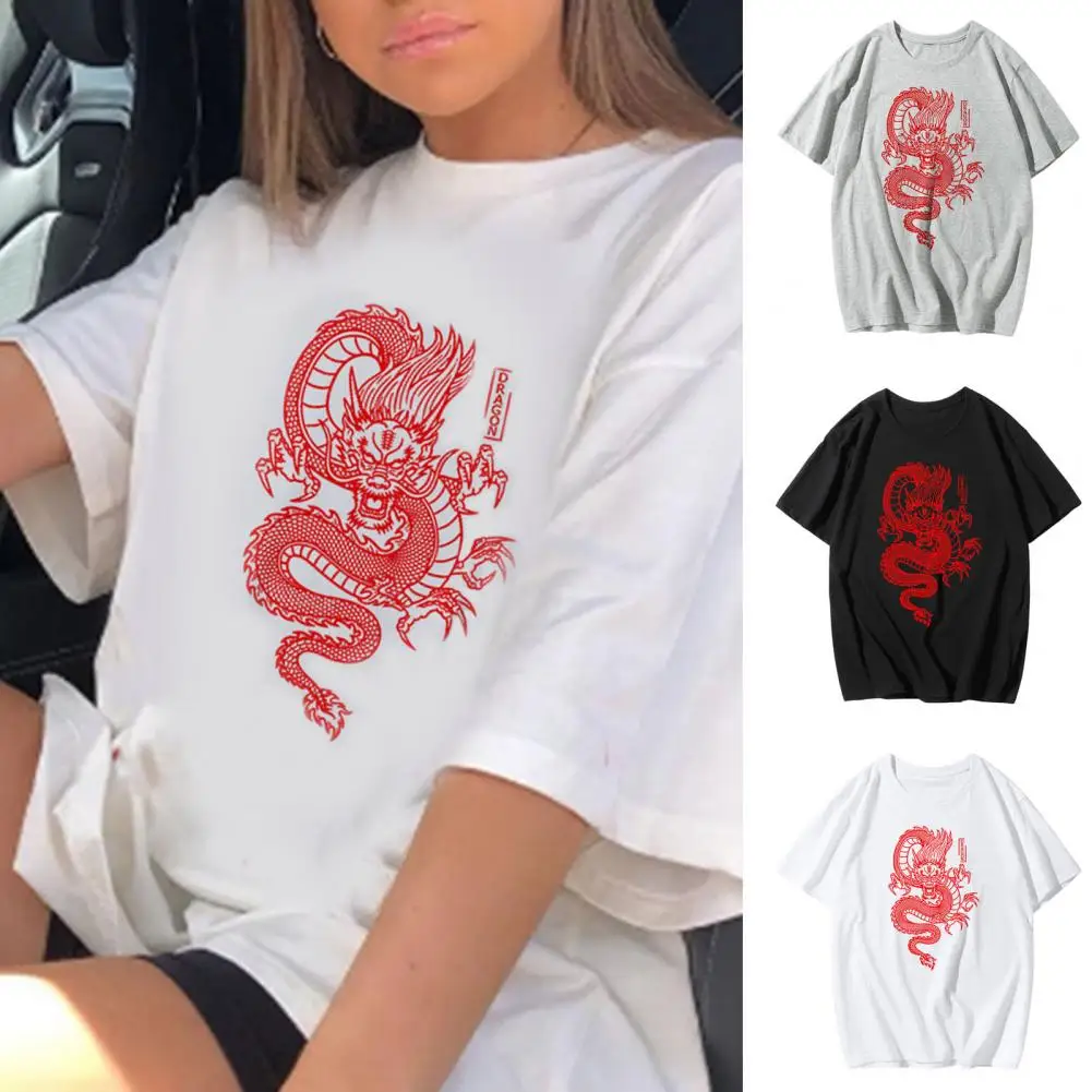 Dragon Print T-shirt Dragon Print Unisex Summer T-shirt O Neck Short Sleeve Loose Pullover Pure Color Soft Breathable for Men