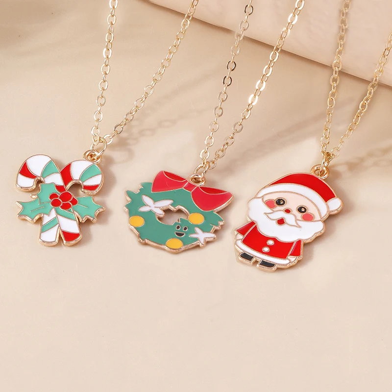 Aihua 3pcs4pcs Weihnachten Halsketten Emaille Weihnachtsbaum Glocke Santa Schneeflocke Halskette Anhänger für Frauen Geschenke Trendy Schmuck Set – Detail 30
