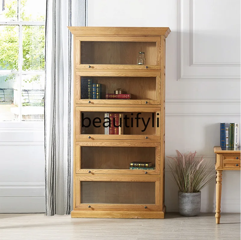 

American Country Solid Wood Bookcase French Oak Carved Retro Locker Display Cabinet