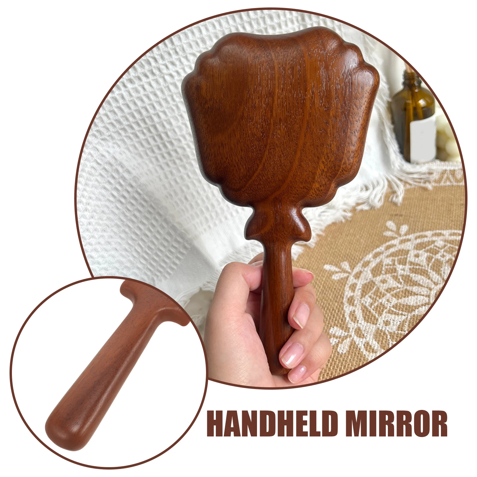 

Solid Wood Handle Hand Mirror High Definition Small Size Sandalwood Beauty Tool Makeup Compact Handheld For Purse Travel