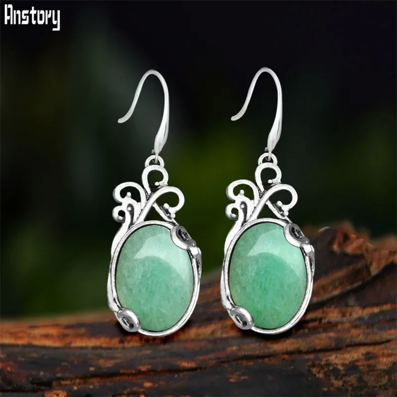 Vintage Natural Jades Dangle Earrings For Women Antique Silver Plated Pink Quartz Natural Stone Fashion Earring Jewelry