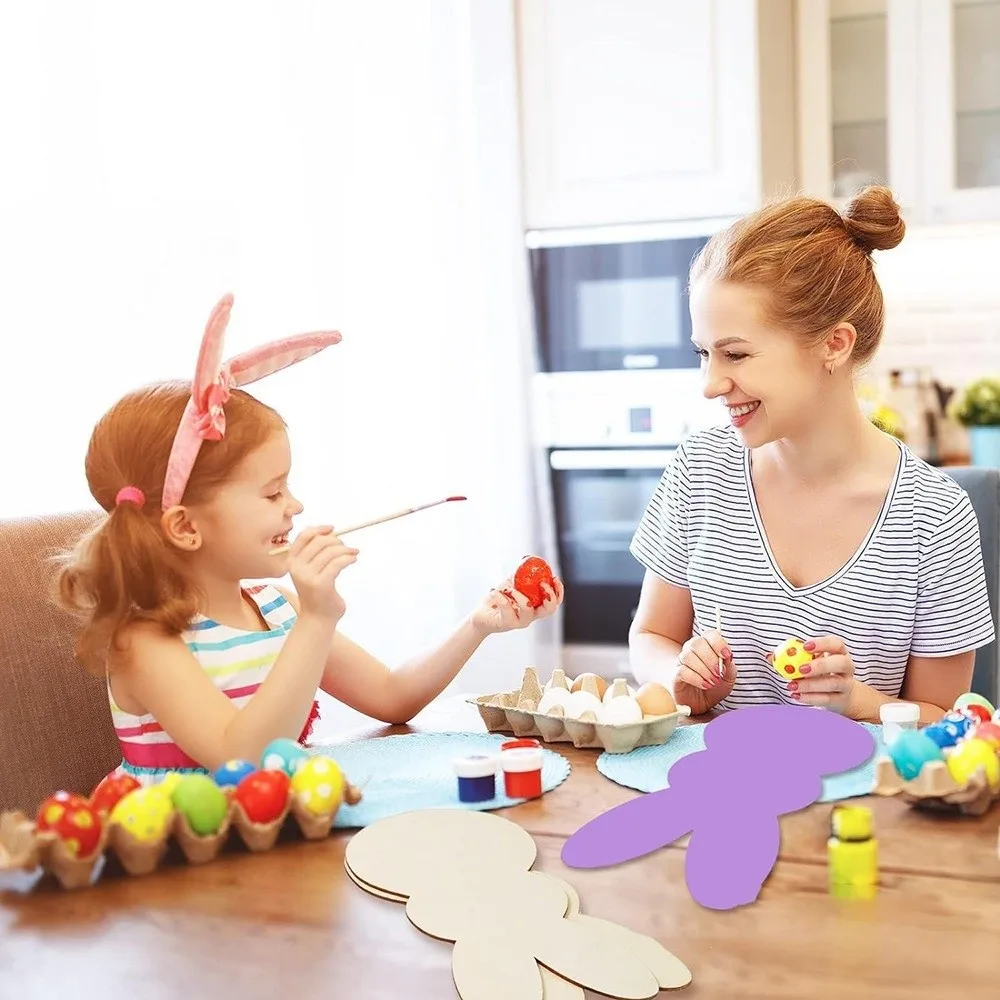 24 pièces/ensemble bricolage couleur lapin de pâques bois carte peinture jouet lapin forme pâques lapin artisanat décoratif en bois