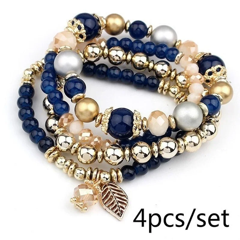 4Pcs Bohemia Tassels Charm Beaded Bracelet Set for Women Boho Crystal Beads Chain Wrap Bangle Female Fashion Jewelry Gift