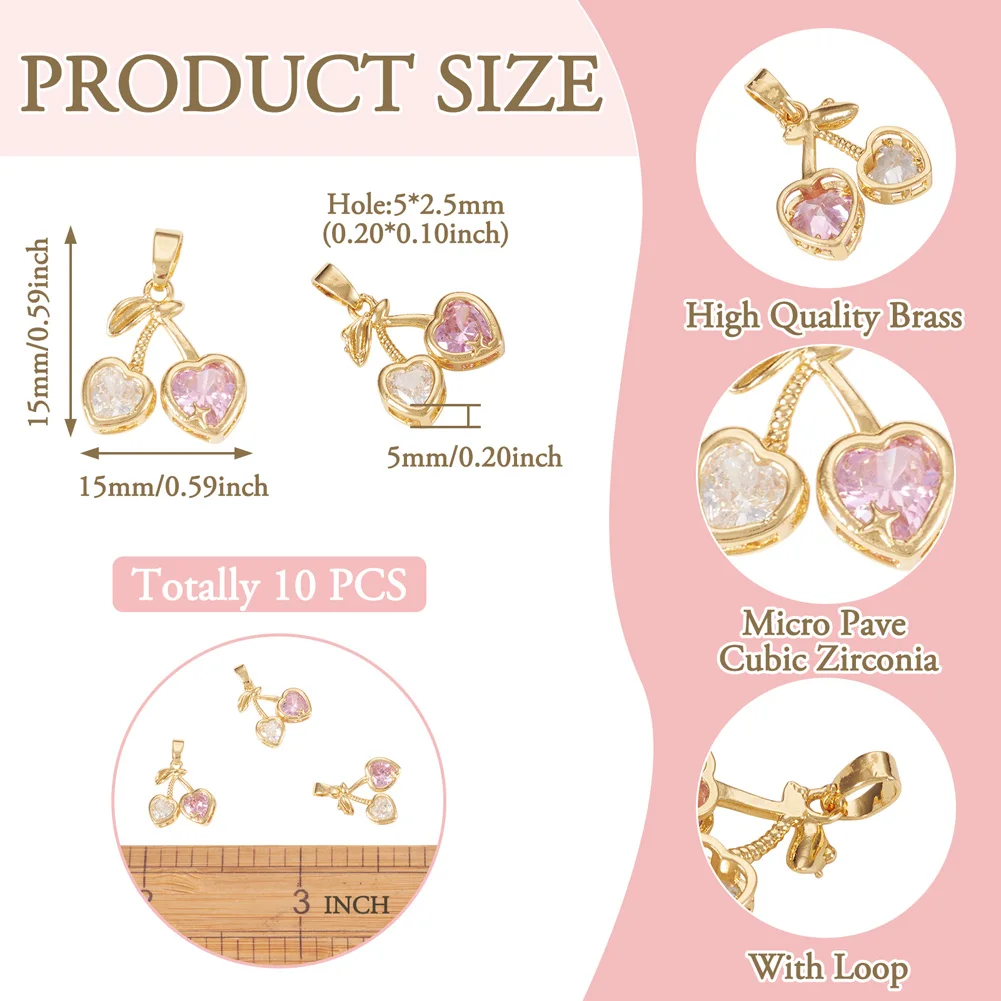 10pcs Cherry Charms 18K Golden Plated Brass Micro Pave Cubic Zirconia Fruit Pendant For DIY Crafts Jewelry Making Accessories