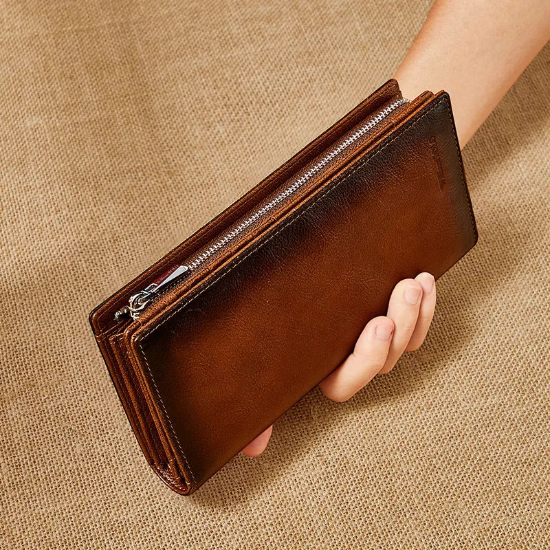 WilliamPOLO Brand Men's Wallet Luxury Designer Vintage Classic Top Quality Leather Card Holder Purse Zipper Long Wallet For Men