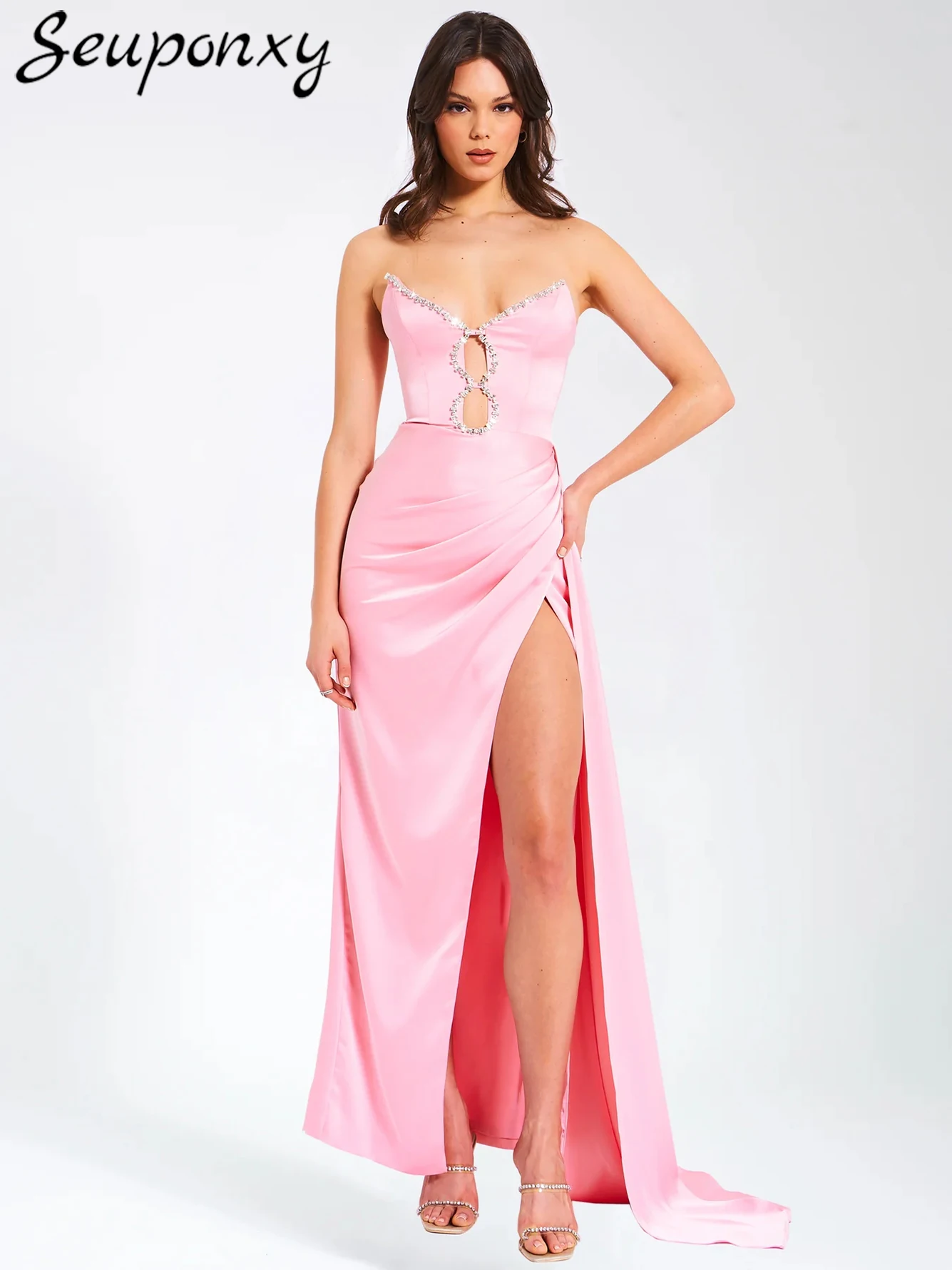 

High Quality Women'S Pink Sexy Strapless Hollow Crystal Diamond Hanging Pleat High Slit Masi Dress Celebrity Party Dress Vestido