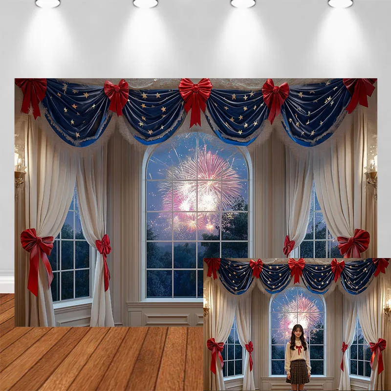 

LS Independence Day Photography Background Arched Window Curtains Red Bow Interior Decor Adult Kids Portrait Photo Backdrop