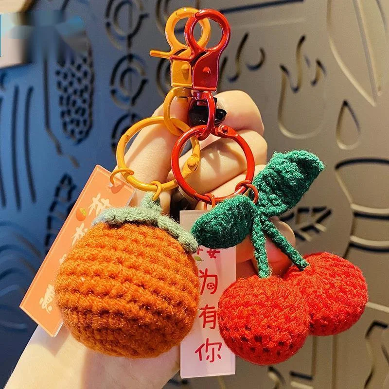 Plush Hook Woven Lucky Fruit Keychain Lovely Car Bag Persimmon Apple Orange Keyring Girl Boy Couple Jewelry Trinket Pendant Gift