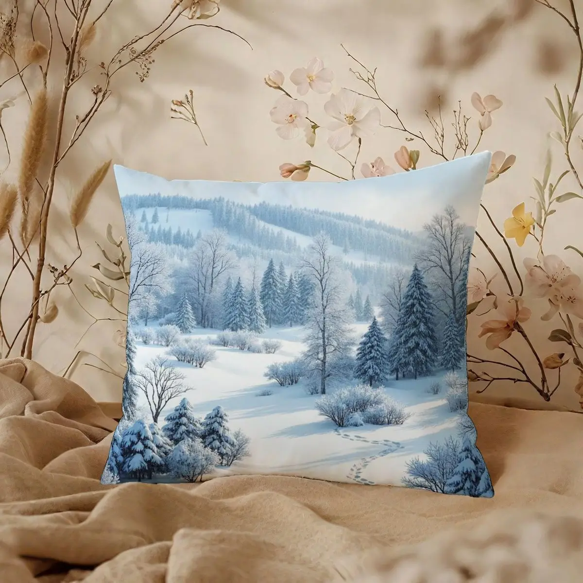 4-قطعة وسادة مجموعة غطاء دون إدراج 45x45 سنتيمتر الشتاء المشهد أشجار ثلجية الجبال قابل للغسل ديكور المنزل ديكور عطلة