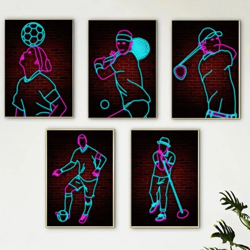 Modern neon lines basketball football sports bedroom sofa background wall canvas painting