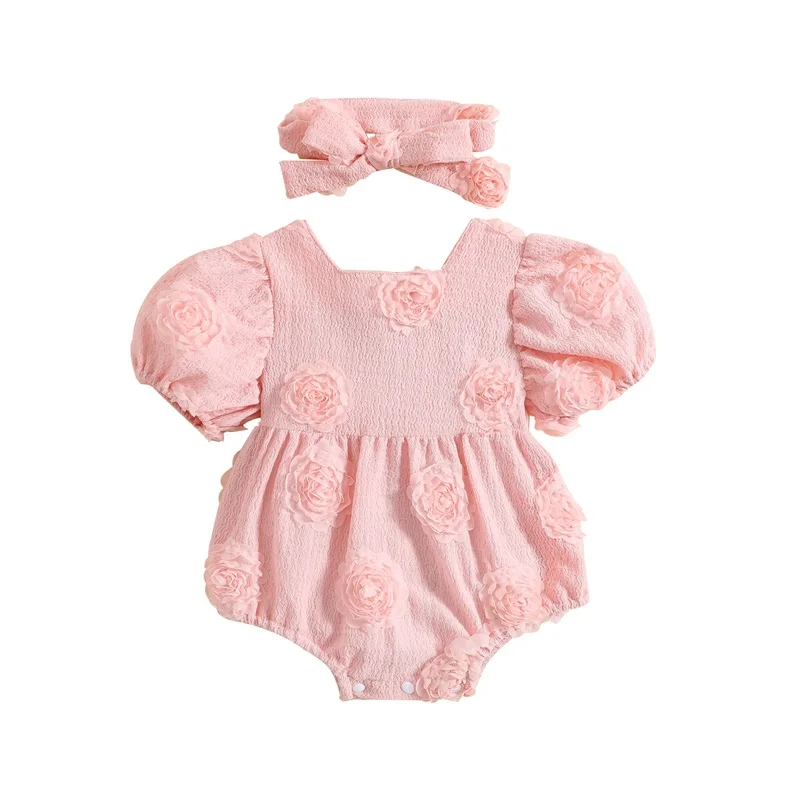 

Honganda Cute Infant Baby Girl Summer Romper Puff Short Sleeve 3D Flower Lace Bubble Romper Princess with Headband