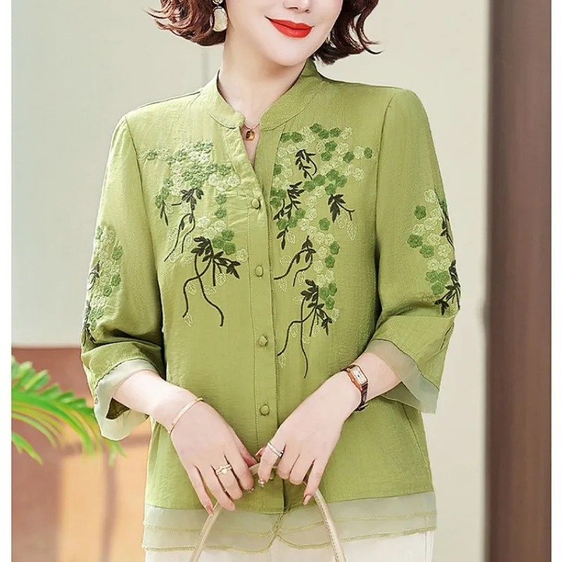 Spring Summer Women\'s Round Neck Flower Embroidered Button Patchwork Chiffon Cardigan T-shirt Casual Elegant Three Quarter Tops