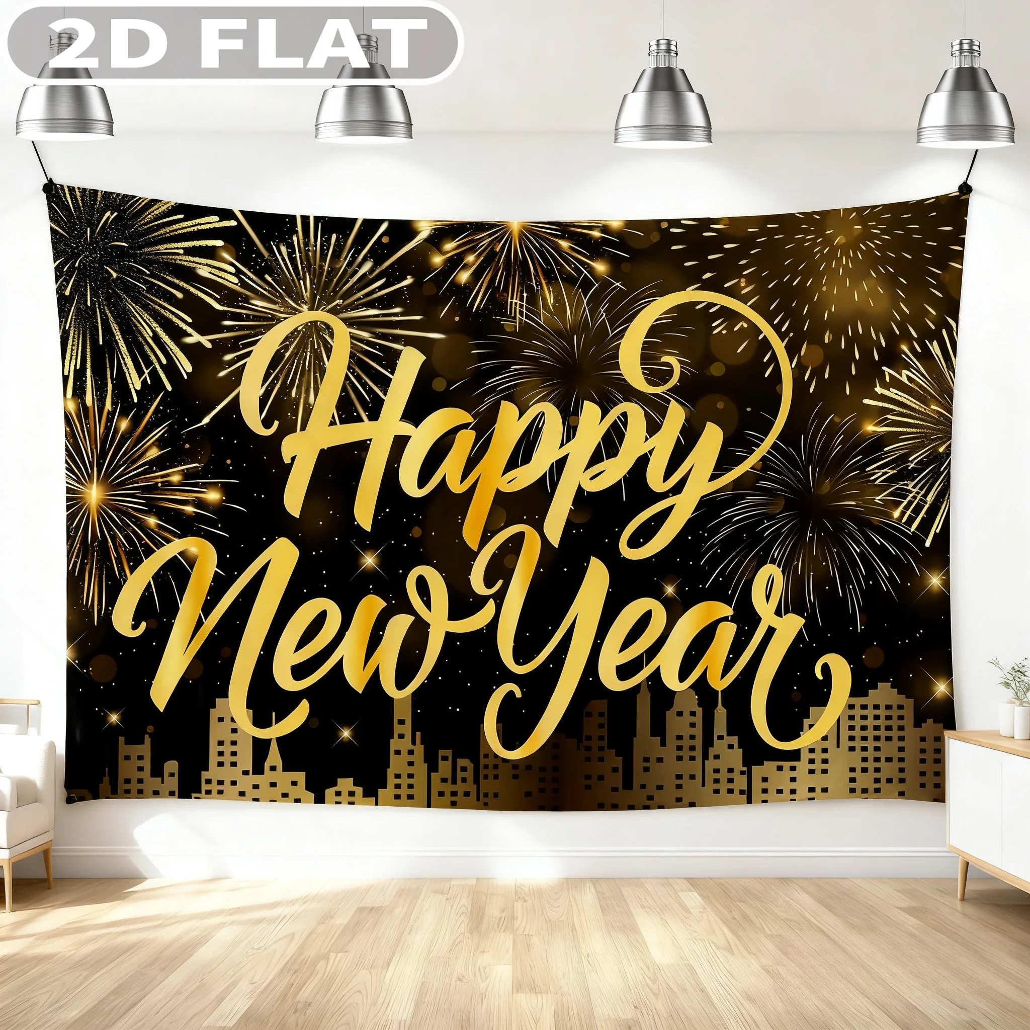 

1pc Happy New Year Party Photo Booth Props Banner, Durable Polyster, Gold Firework Decorations for New Year's Eve Party Supplies