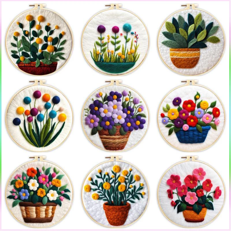 

CHENISTORY 20X20cm Frame Wool Felting Painting Kit With Embroidery Kit Flower Funny Diy Felt Needle Wool Painting Home Decor