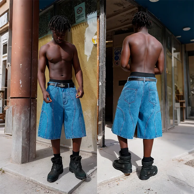 

Y2K Fashion Vintage Shorts Unique Stitching Design High Waisted Blue Denim Shorts Casual Men Women Comfortable Loose Streetwear