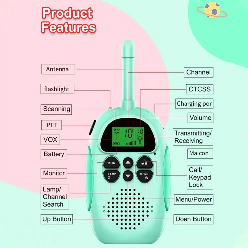 2 pçs walkie talkie crianças mini portátil 3-5km de longo alcance 1000mah bateria rádio interfone brinquedos com lanterna para meninos meninas presente