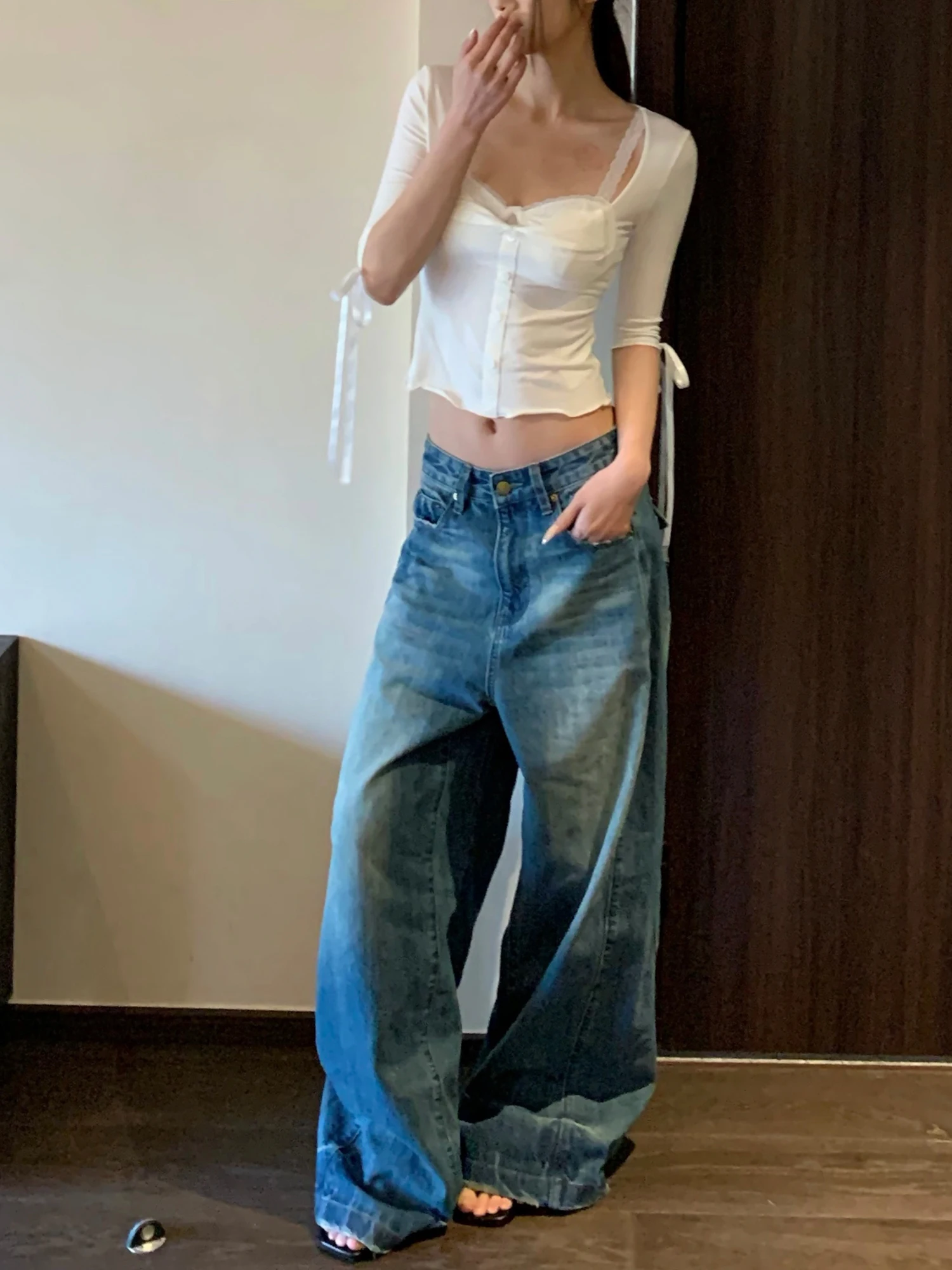 

Джинсы E7Q8 с высокой талией и широкими штанинами, женские повседневные винтажные универсальные длинные брюки, весна-лето, новинка, свободный крой, деним