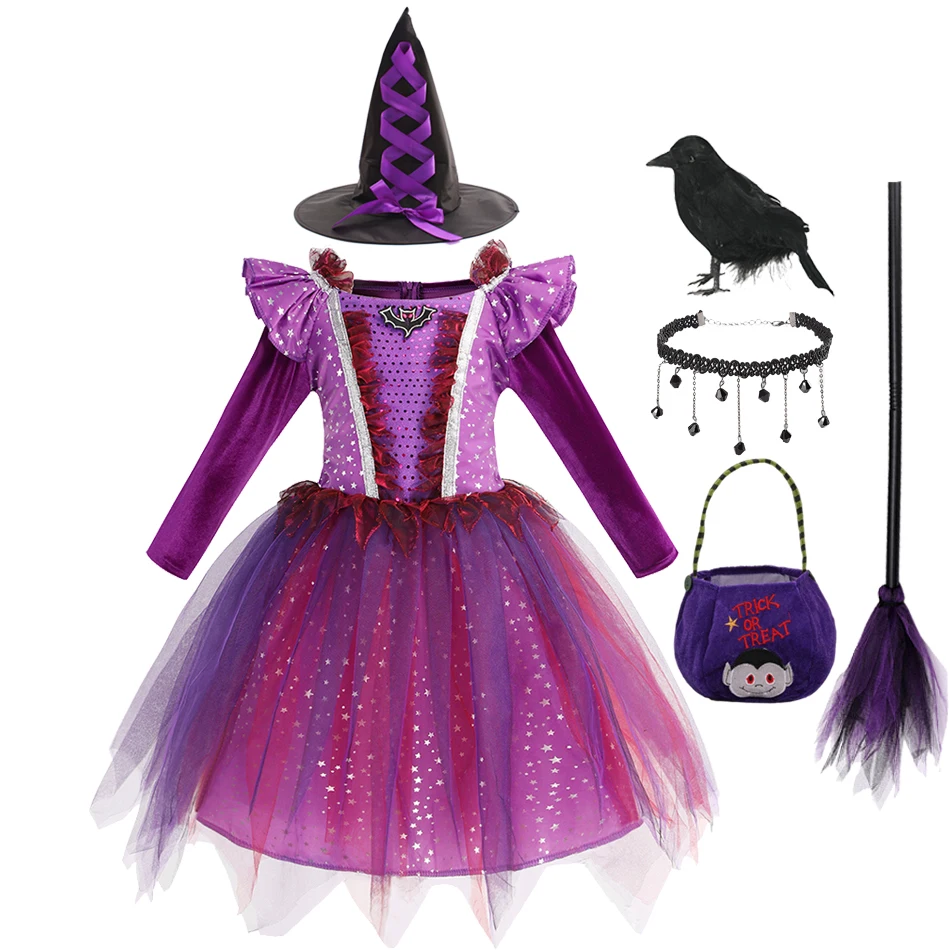 Halloween Kids Girls Witch Costume Cosplay Dress Glittery Mesh Tutu Dress with Witch Hats Carnival Fancy Party Dress Up Clothes