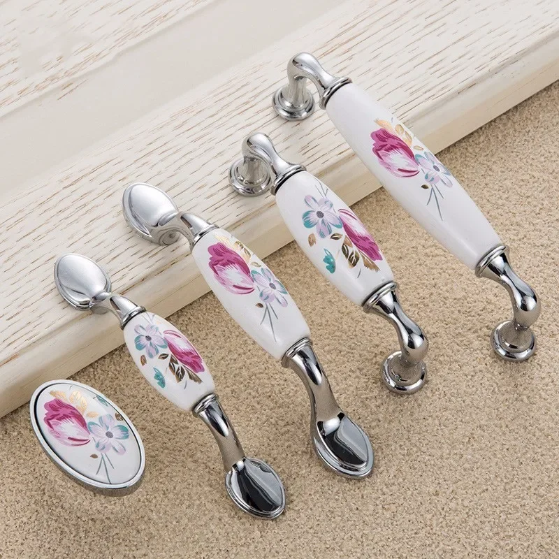 Tulip Ceramic Door Handle Silver Drawer Pulls Vintage Flower Cupboard Kitchen Cabinet Handles and Knobs Furniture Hardware