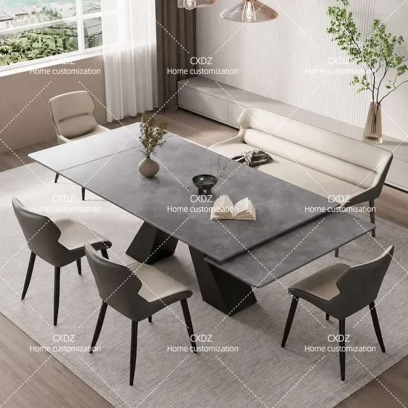 Luxury Rock Slab Retractable Dining Table Minimalist Small Apartment Folding Rectangular Bright Dining Table and Chair Set