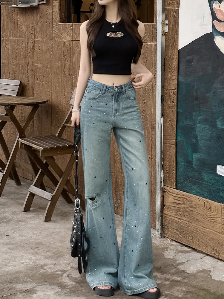 Pantalones vaqueros de pierna ancha con pierna recta y diamantes brillantes con agujero roto para mujer verano 2025, nuevos pantalones ligeramente ajustados de cintura alta