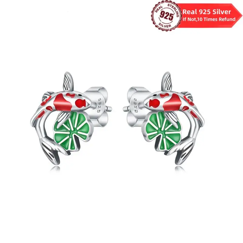 Real 100% 925 Sterling Silver Fashion Sweet Lotus Leaf Flower Koi Stud Earrings For Women Wedding Party Gifts Fine Jewelry