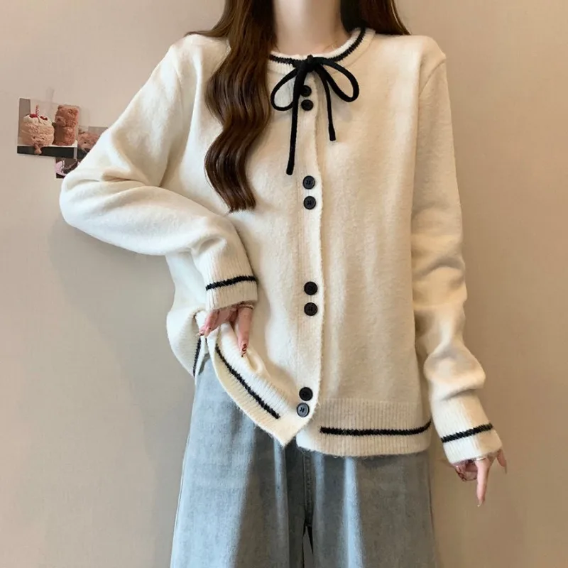 

Korean Simplicity Sweet Commute Unique Design Bowknot Lace Show Off Weight Loose Laziness Ladies' Cardigan Autumn Winter 2024