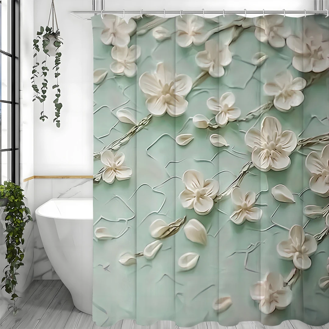 Light relief oil painting texture white small flower shower curtain, bathroom decorative shower curtain, waterproof shower cur