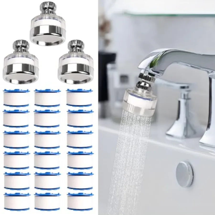 

3 Pcs of Sink Water Filter and 18 Filter Elements Set, Sink Faucet Filter 360°Rotating, Bathroom Sink Filter Removes Fluoride H