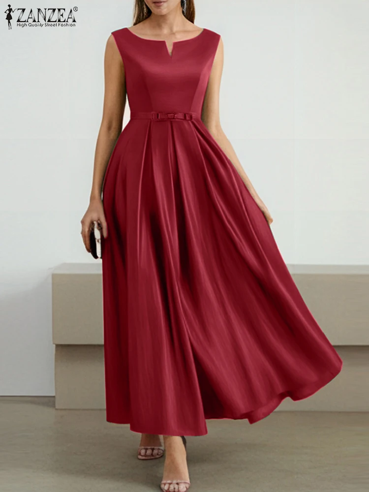 ZANZEA Fashion Boat Neck A-line Maxi Dresses Women Elegant Pleated Bow Detail Sundress Fitted Waist Sleeveless Party Robes Femme