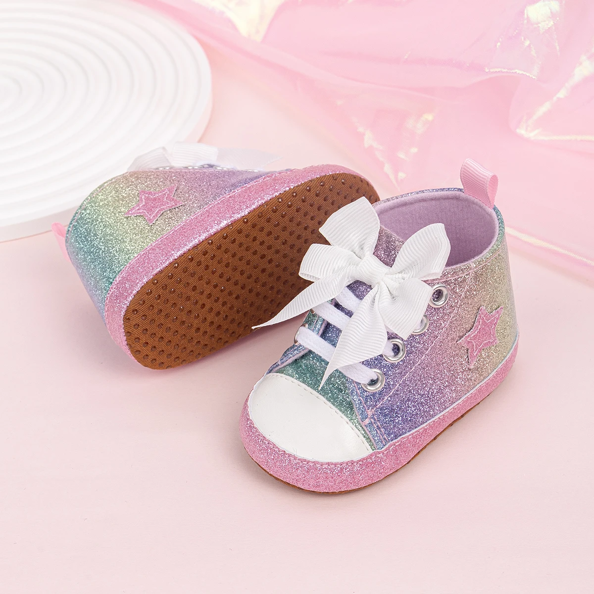 KIDSUN Casual Bow Baby Girls High Tops Ankle Sneakers Anti-Slip Soft Cotton Sole Newborn Prewalker First Walking Crib Shoes