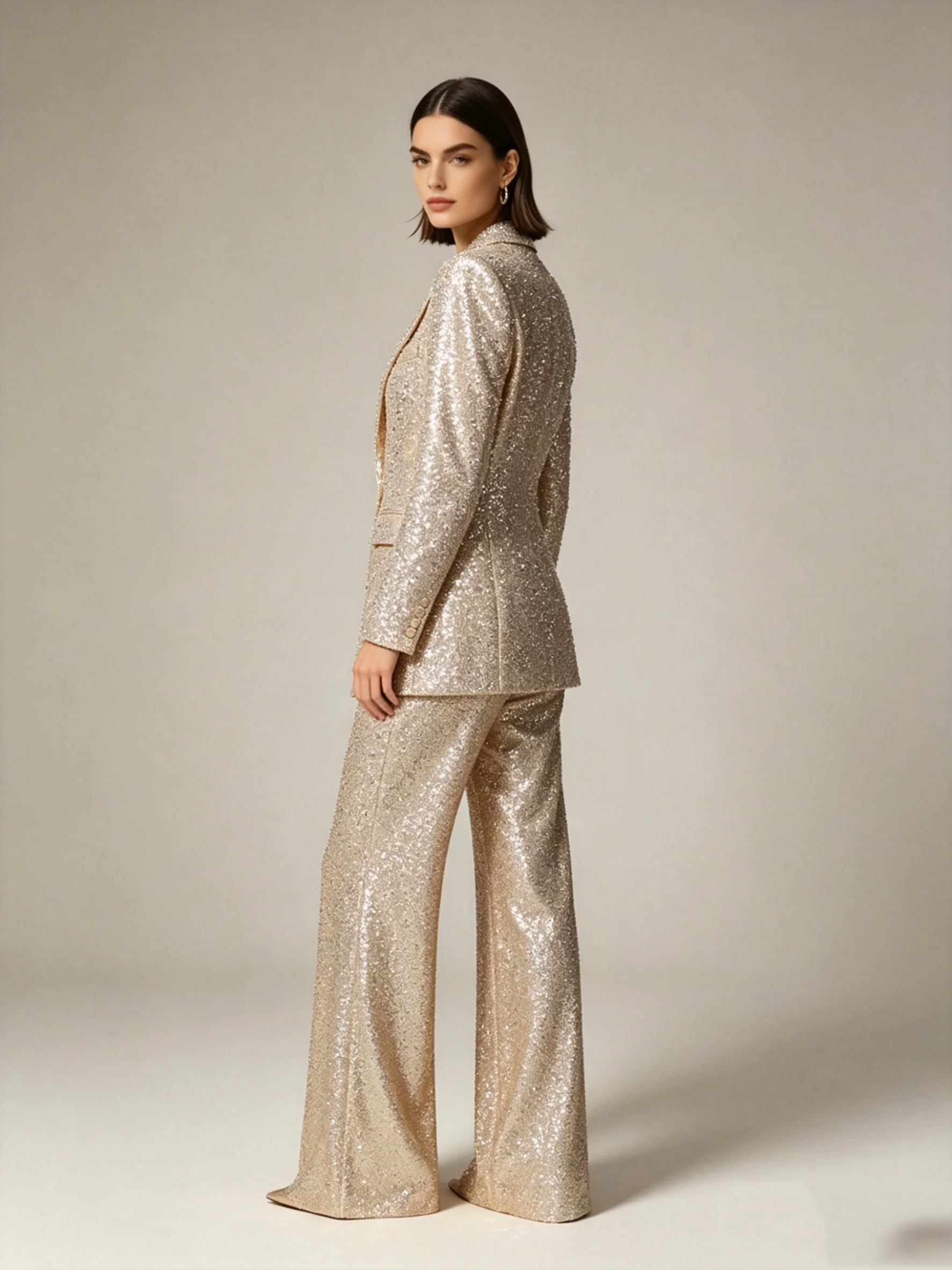 Glitter Light Khaki Women Suit Set 2 Pcs Blazer Pants Trousers Formal Office Jacket Customized Wedding Tuxedo Guest Coat