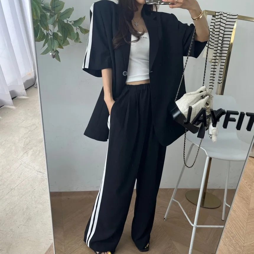 Conjunto de Chaqueta y Plón Casual Hoado para Mujer con Bloques de Color y Doble Raya, Cintura Elástica Ajustable y Pie...