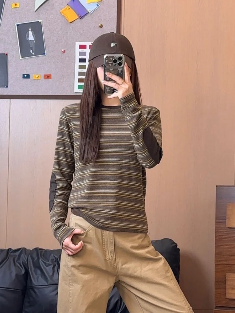 Retro Striped Long Sleeve T-Shirt Women's round Neck Casual Anti-Aging Base Shirt Inner Wear Slimming Top Commute Style