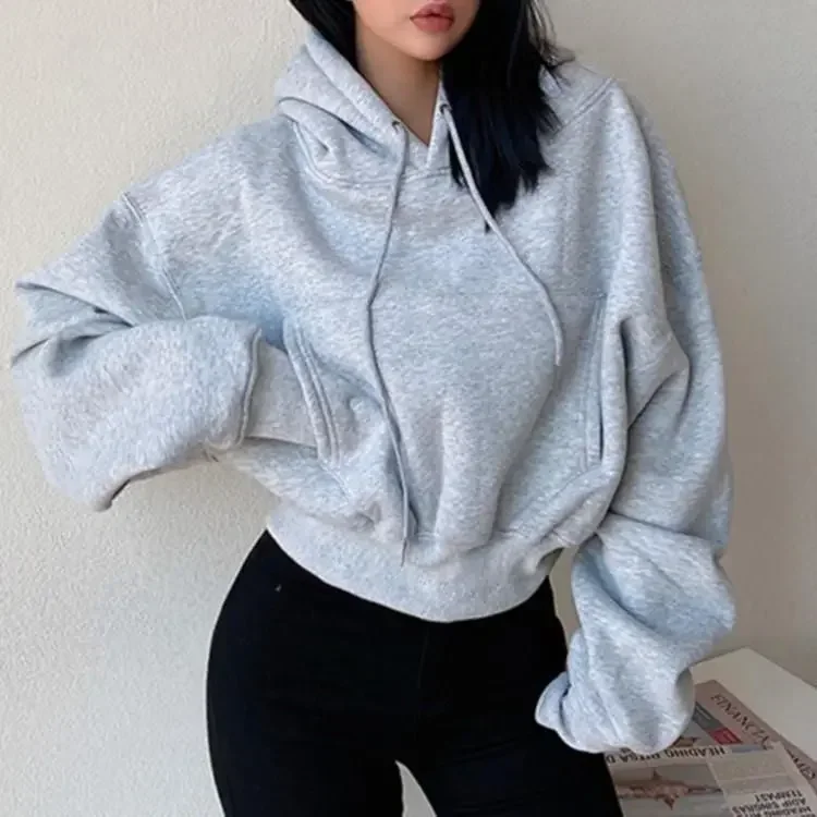 

Winter Women Solid Fleece Hoodies Clothing Long Sleeve Tops Loose Pocket Sweatshirt Female Casual Pullover