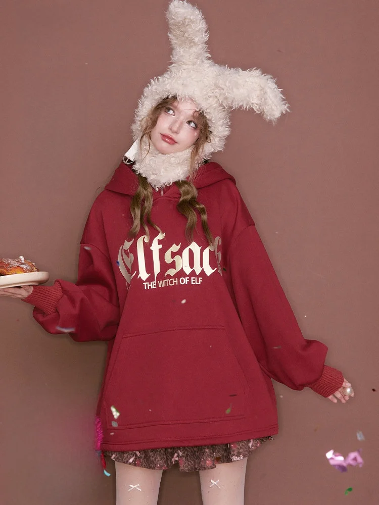 

Gold Lettering Hooded Fleece Sweatshirt Casual Loose Winter Top Red Color Elf Sack Brand Cotton Polyester Blend Long Sleeve