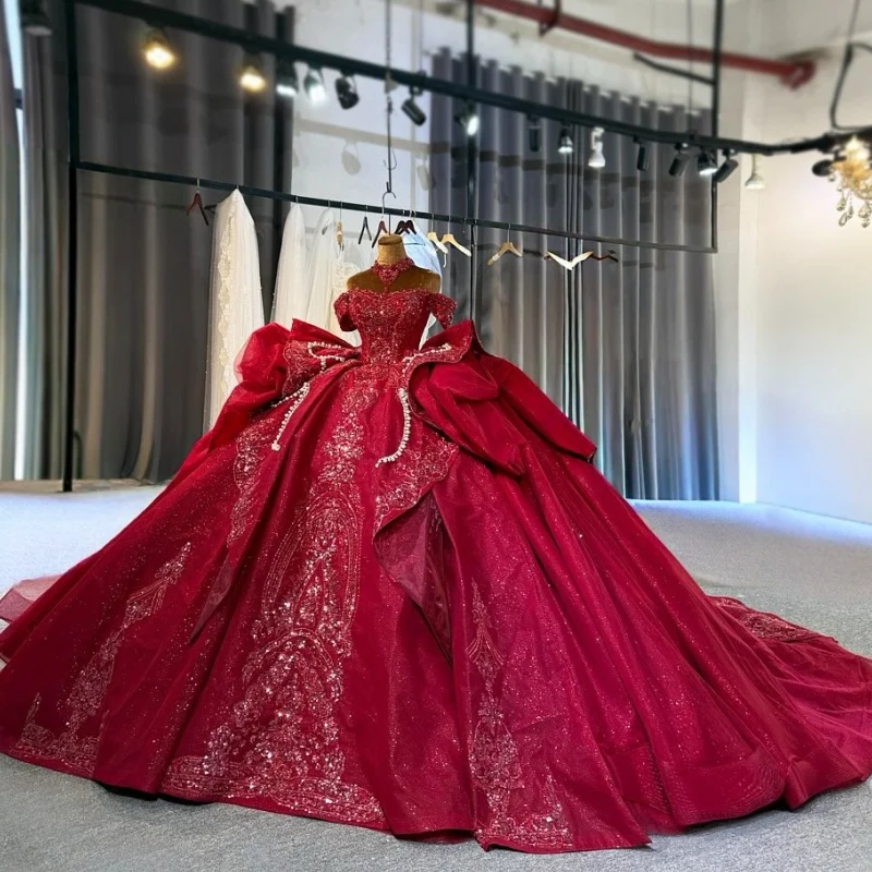 

Burgundy Quinceanera Dresses Off the Shoulder Glitter Crystal Decal Layering Long tail Bow Vestidoe 15 Quinceanera Customize