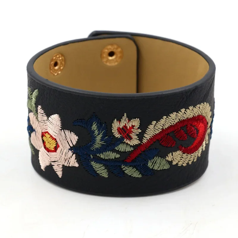 Kirykle Fashion Embroidery Flower Bracelet for Women Personality Wide Leather Bangles Punk Style Charm Bohemian Cuff Jewelry