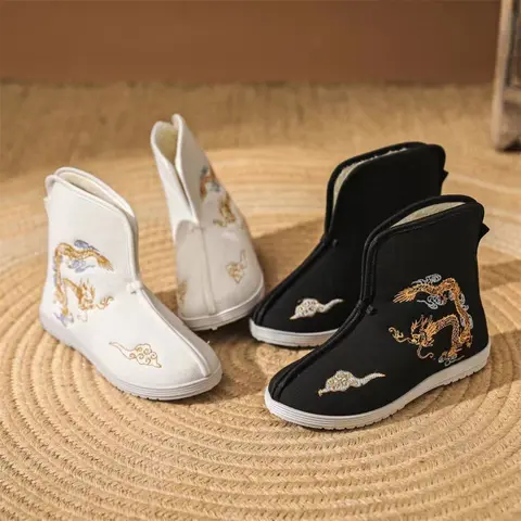 Winter Chinese Style Embroidery Dragon Short Boots Men's Retro Hanfu Shoes Children Boys Ancient Costume Warm Thick Cotton Flats