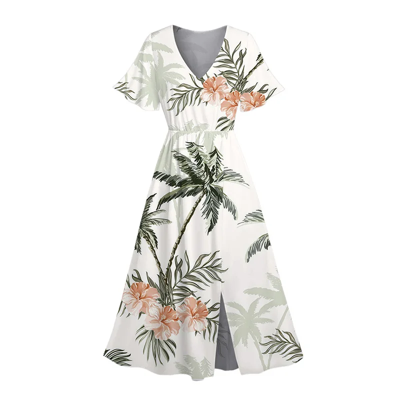 Vestido de mujer Dressfo, vestido de vacaciones, estampado floral de cocoteros, cuello en V, vestido con abertura, vestidos