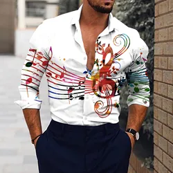 Men White Shirts Music Note Print 3d Digital Print Breathable Long Sleeve Lapel Formal Shirts Social Luxury Designer Shirt Tops