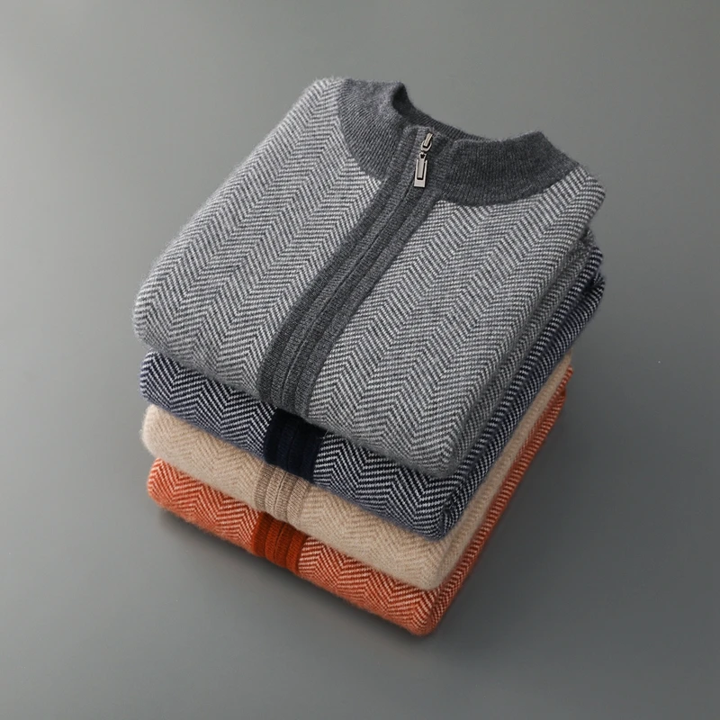 100% Merino Wool Jacquard Set Men's Half High Collar Zipper Knitted Cardigan Casual Small Leggings Autumn/Winter Thick Pants Set view 5