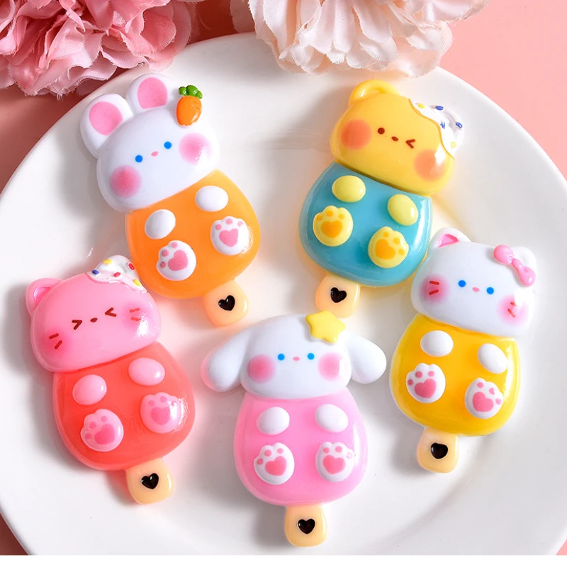 

3pcs Kawaii Cartoon Animal Cat Rabbit Ice Cream Resin Charms Flatback DIY Phone Cases Craft Material Home Decor Figurine Crafts