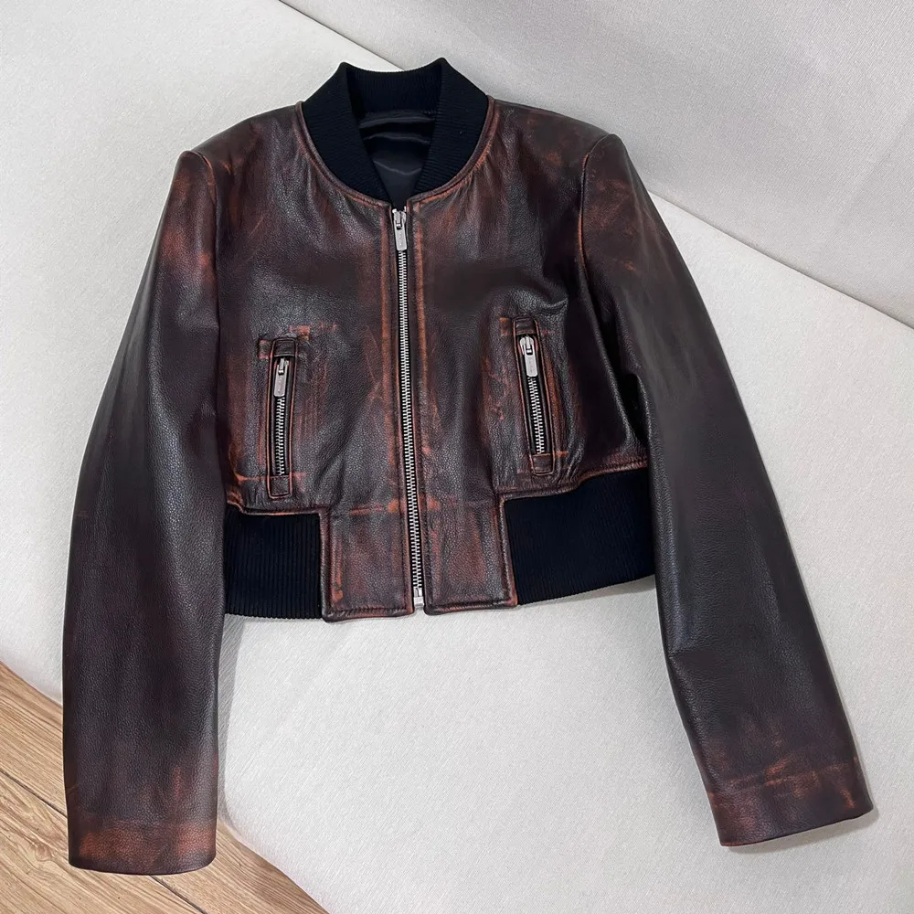 2024 Fall Winter Lambskin Jacket Fashion Elastic High Waist Female Genuine Leather Retro Distressed Baseball Leather Jacket Coat