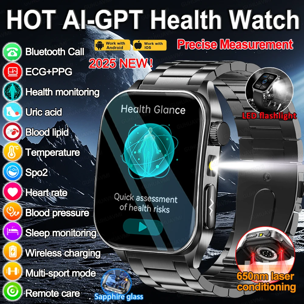 

Новинка 2025 года, неинвазивный мониторинг здоровья с сапфировым стеклом, умные часы, лазерная терапия, кровь, жир, мочевая кислота, ЭКГ + PPG, умные часы для мужчин и женщин