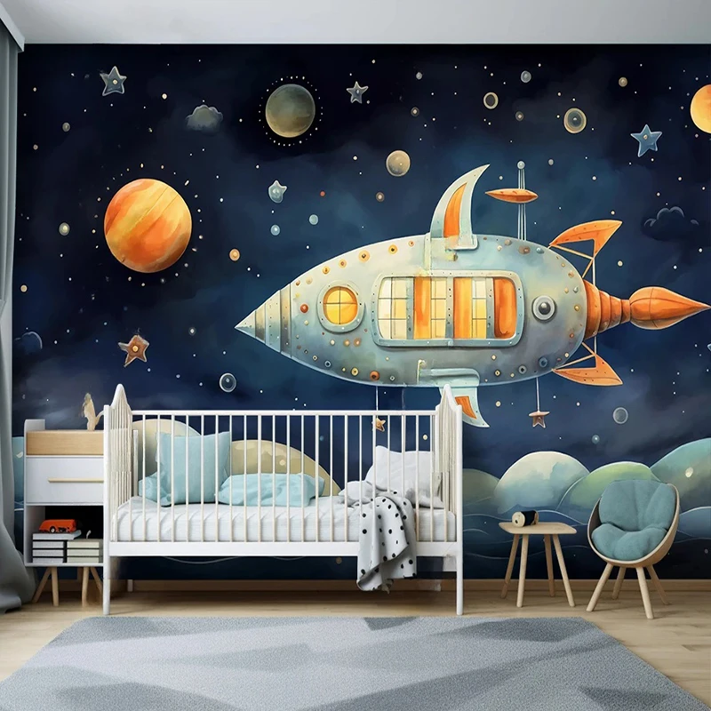 

Custom Cartoon Wallpaper Creative Abstract Space Planet Rocket Children's Room Girls Bedroom Cartoon Mural Papel De Parede Decor